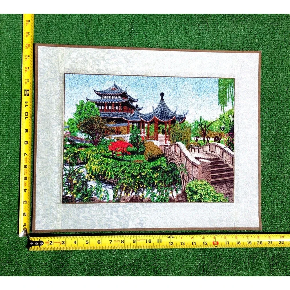 Vintage Chinese Pagoda Bridge Garden Hand Embroidered Silk Wall Hanging Tapestry